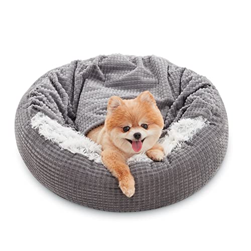 MIXJOY Small Dog Bed Cat Bed with Blanket Attached, Round Hooded Cozy Dog Cave Beds for Small Dogs, Soft Plush Cuddler Puppy Pet Bed, Anti-Slip Bottom, 23inch