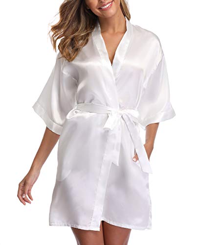 GoodCorsetMall Womens Short Kimono Robe Satin Plus Size White Bridesmaid Robes Bridal Robe Silky Nightgown Sleepwear Bathrobe Dressing Gowns for Wedding Party Bride Gifts