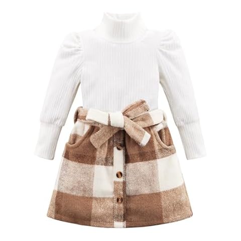 URMAGIC Toddler Girl Outfits Turtleneck Long Sleeve Ribbed Shirt Tops Plaid Mini Skirts 2Pcs Set Fall Winter Clothes 2-7T Cover