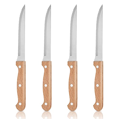 Herogo Steak Knives Set of 4, Stainless Steel Serrated Sharp Dinner Kitchen Steak Knife with Wooden Handle, for Home/Restaurant, Dishwasher Safe