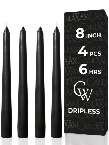 CANDWAX 8 inch Taper Candles Set of 4 - Halloween Taper Candle Unscented - Dripless Candlesticks Perfect as Black Halloween Decoration – Coal Black Candles
