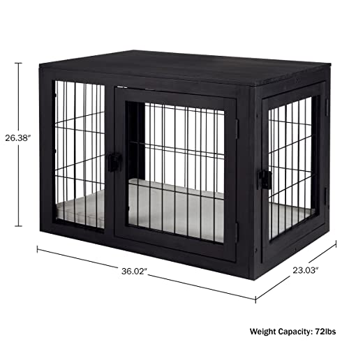 Furniture-Style Dog Crate - Acacia Wood Kennel for Medium Dogs with Double Doors and Cushion - Dog Cage Furniture by PETMAKER (Black)