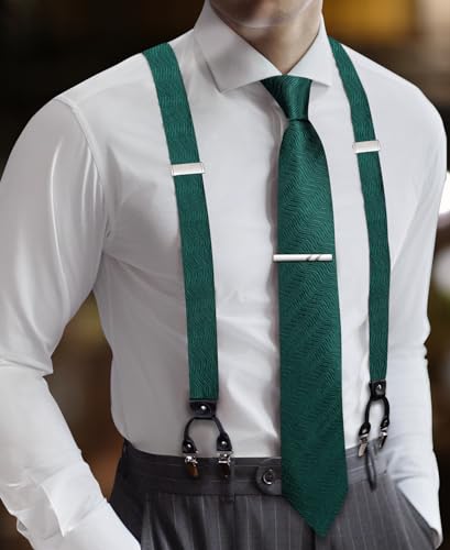 Image of Barry.Wang Men Suspender Set with Necktie Elastic Y Type Heavy Duty 6 Clips Braces Tie Handkerchief Cufflink Pin 6PCS