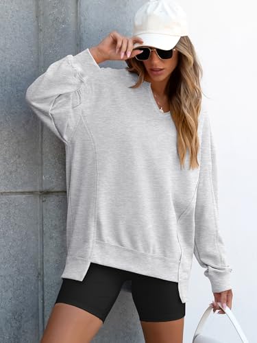 ANRABESS Sweatshirt for Women V-Neck Oversized Fall Outfits,Light Grey,L
