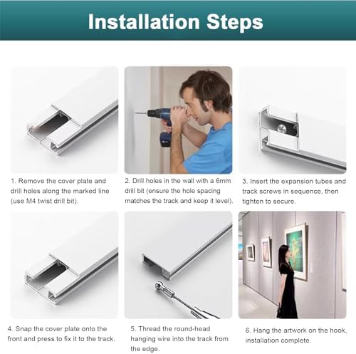 Adjustable Wall-Mounted Art Hanging System, Heavy Duty Aluminum Display Rail with 2m Steel Cables & 6 Hooks for Pictures, Photos & Artwork - Perfect for Home Gallery