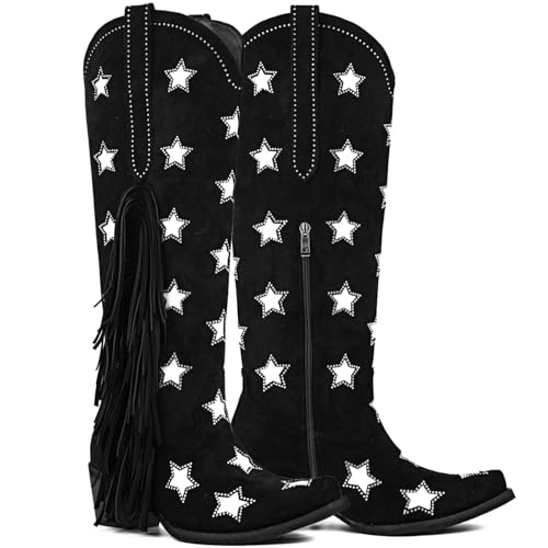 Yolkomo Cowboy Boots for Women Black Knee High Cowgirl Boots with Fringe Tassels Rhinestones Stars Square Toe Chunky Low Heel Distressed Western Suede Fringe Booties for Riding Boho Dressy Size 8