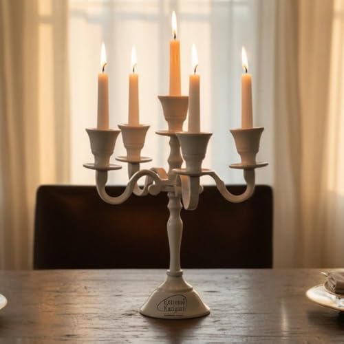 Image of Aluminum 5-Arm 8inch Ivory Candelabra for Dining Table | Vintage Candle Stand for Romantic Dinner, Home & Wedding Decor