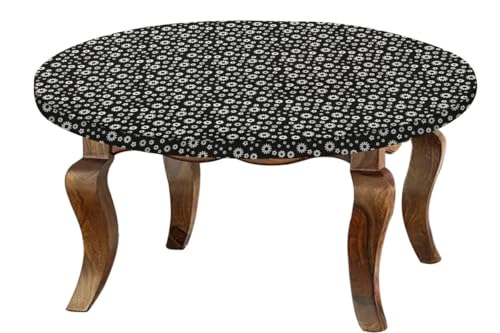Image of The Furnishing Tree Round Elastic Fitted Center Tpoy Table Cover WxL 24x24 Inches Floral Pattern White