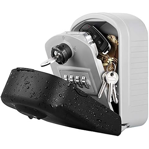 WACCET [New Generation] Key Lock Box, Key Safe Wall Mounted Large Capacity Key Box with Protective Cover, Key Storage Box with 4 Digit & Emergency Key for Indoor Outdoor Home Garage (grey) Cover