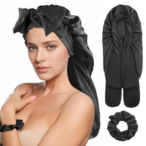 Abeillo Satin Bonnet for Women Silk Sleep Bonnet with Tie Band and Scrunchies, for Long Curly Hair and Braids (Black)