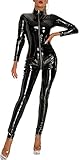 Leather Bodysuit for Women Zip Up Wet Look Shiny Lingerie Sexy Mini Teddy Jumpsuit Club Party Latex Liquid Clubwear Catsuit Costume Black