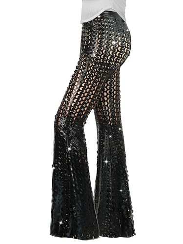 Nawgut Sequin Flare Pants Sparkly Glitter Bell Bottom High Waisted Hollow Trousers Party Clubwear for Women-XX-Large Black