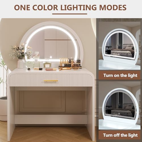 Image of JIVOIT 39 inch Vanity Table with Mirror, Makeup Vanity Table with Removable Mirror, Drawer, Curved Edges and Elegant Design, Modern Dressing Desk for Bedroom