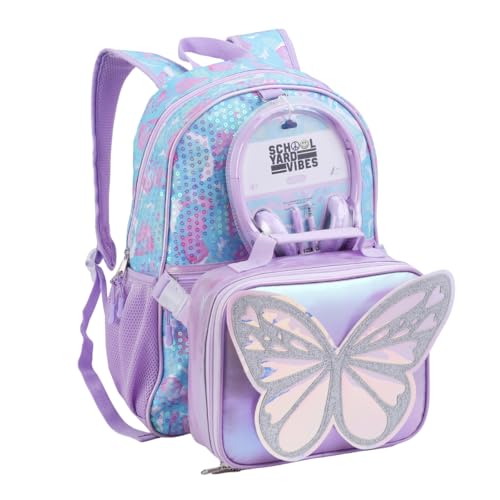 Mochila Infantil Feminina Borboleta com Lancheira acoplada, Fone de Ouvido Incluso, Design Holografico Floral com Paetês