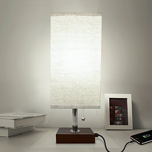 Bedside Table Lamp USB, Aooshine Modern Desk Lamp, Solid Wood Nightstand Lamp with Unique Shade and Havana Brown Wooden Base, Ambient Light and Useful USB Charging Port Perfect for Bedroom or Office