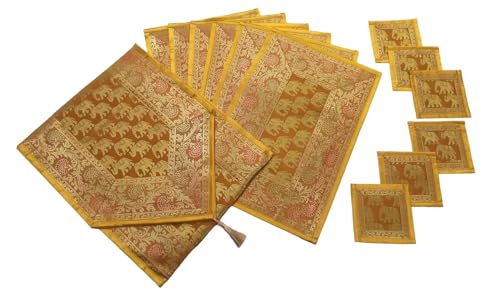 Image of Diwali Room Decor Silk Table Runner Placemats Tea Coaster Set for Living Room 4 to 6 Seater Dinning Table Table Mat Set Centre Table Top Decor Pack of 13 Pcs (Mustard Yellow)