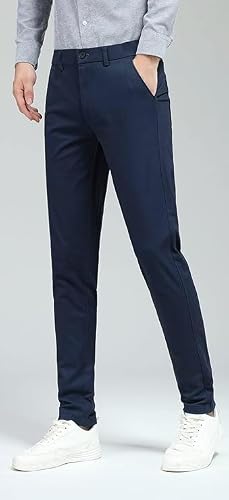 Plaid&Plain Men's Skinny Stretchy Navy Blue Pants Colored Pants Slim Fit Slacks Tapered Trousers 819 Navy Blue 31X28