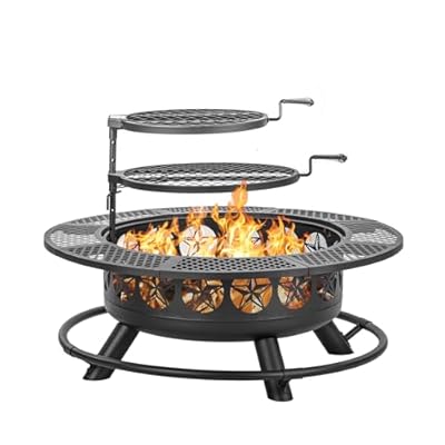 Verdeluxe 42 Inch BBQ Fire Pit with 2 Grills,3-in-1 Outdoor Round Metal Fire Pit Table with Lid,Fire Poker,Large Outdoor Wood Burning Firepits for Outside,Picnic,Bonfire Backyard Patio(Black)