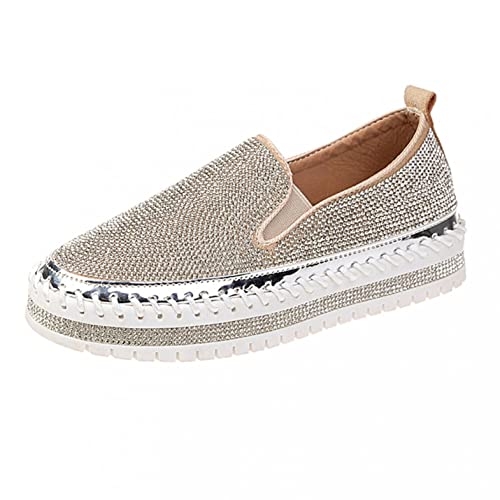 Women's Rhinestones Glitter Slip On Sneakers, Cute Bow Sequin Platform Shoes, Flats Walking Loafers Platform Rhinestones Glitter Sneaker, Fashion Slip On Lazy Single Shoes For Girls #TOP1