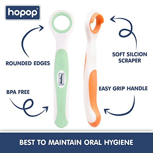 Image of Hopop Tongue Cleaner for Baby | Rounded Edges Baby Oral Cleaner Toothbrush | 100% Safe Kids Tongue Cleaner | Suitable from 3+ Months | Pack of 2 | Green & Orange