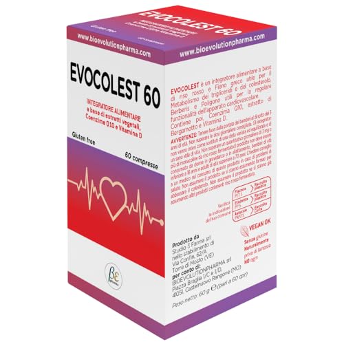 EVOCOLEST60-Integratore Alimentare Utile per la Funzionalità dell'Apparato Cardiovascolare, per il Metabolismo del Colesterolo e Trigliceridi, Vegano, Nat. Senza Lattosio, Made in Italy, 60 Compresse