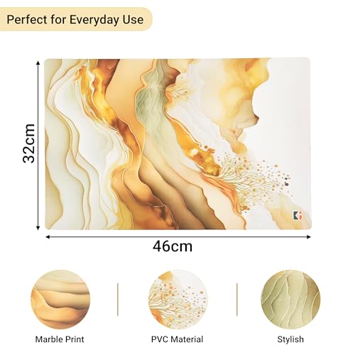 Image of Kuber Industries 12 Pcs Set Wipeable & Reusable PVC Placemats for Dining Table | Food Mats & Dining Table Accessories for Home, Bedroom & Kitchen | Marble Print - Cream & Gold