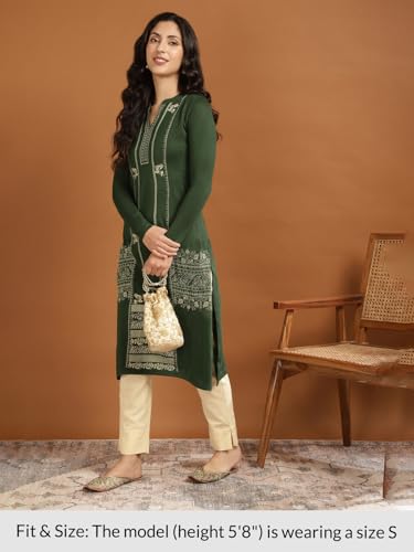 Image of rangita Green Acrylic Calf Length Printed Straight Kurti for Women | Kurta for Women