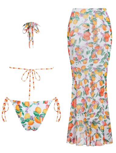 Image of ZAFUL Women's 3 Piece Floral Swimsuit Draped Neck Halter Bikini Tie Side Bathing Suit with Sheer Cover Up Skirt