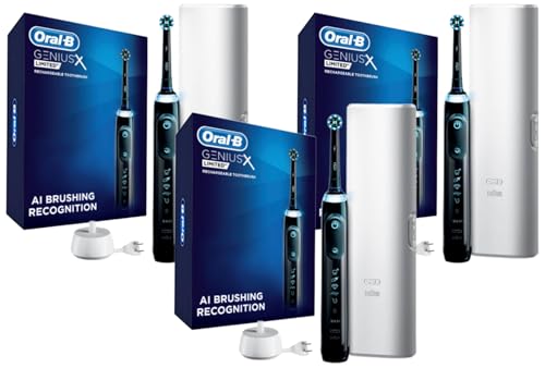 Image of Oral-B Genius X Limited Rechargeable Electric Toothbrush with 1 Replacement Brush Head, Travel Case, Midnight Black (Pack of 3)