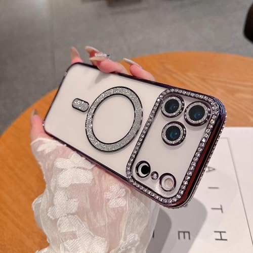 Coque iPhone 13 Pro violette transparente à paillettes avec protection magnétique sans fil