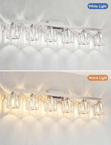 Image of VOLISUN Crystal Vanity Lights for Bathroom, 6 Light Bathroom Vanity Light, Modern Stainless Steel Bathrooms Lights Over Mirror, Chrome Bathrooms Lights Fixtures-UL Certificated(Exclude Bulb)