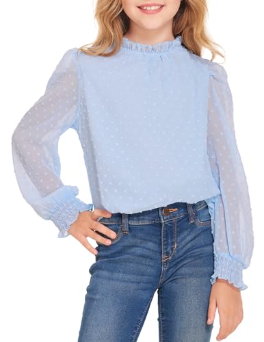 Image of Arshiner Girls Long Sleeve Shirts Chiffon Blouses Swiss Dot Frill Neck Top