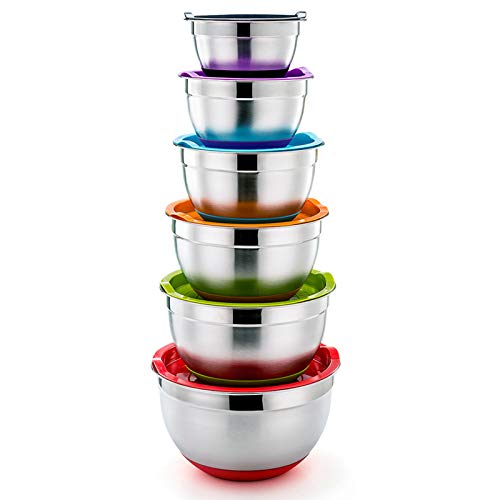 TEAMFAR Mixing Bowl Set of 6, Stainless Steel Baking Nesting Bowls Set with Multicolord Lids & Non-Slip Silicone Base, Non Toxic & Versatile, Easy Clean - 0.7/1.2/1.6/2.5/2.8/4.6L
