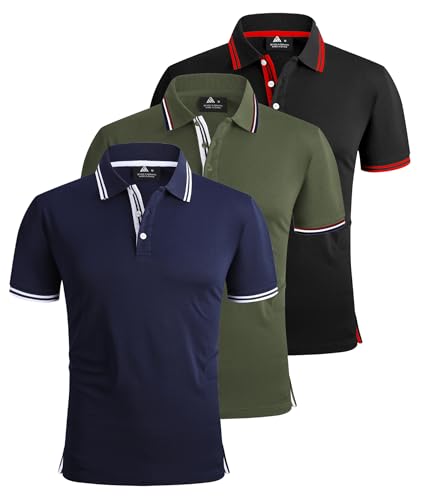 ZITY 3 Pack Mens Polo Shirts Short Sleeve Golf Polo Shirts for Men Adult Outdoor Breathable T Shirt Work Multipack Tee Sports Tennis Tops Army Green+Navy Blue+Black XXL
