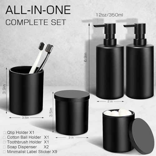 ALPIRIRAL Matte Black Bathroom Accessories Set, 5 Pcs Bathroom Accessories Set, Glass Soap Dispenser and Toothbrush Holder Set, Qtip Holder and Cotton Ball Holder, Modern Bathroom Decor Sets by ALPIRIRAL - Image 2