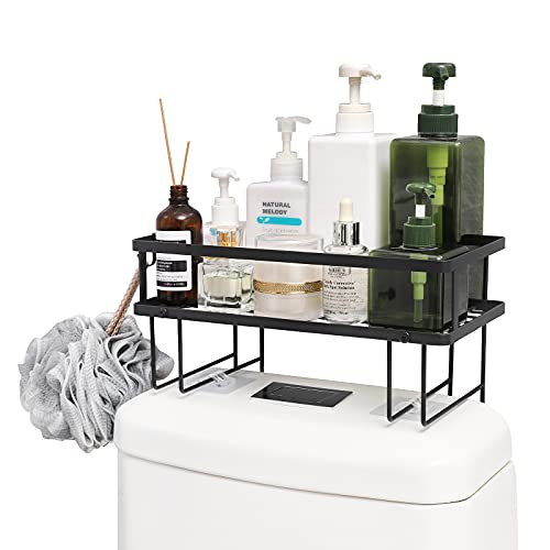 Miyawell Étagère de rangement au-dessus des toilettes, organisateur de salle de bain en fer avec crochet de suspension et base adhésive, sans perçage avec montage mural (noir) Cover