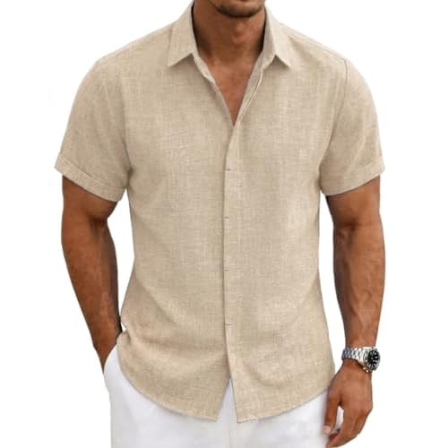 Mens Linen Shirts Short Sleeve Casual Shirt Button Down Summer Beach Vacation Tops Men Casual Dress Shirts Breathable