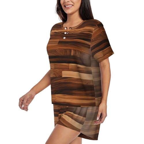 Pyjama femme doux ensemble short et haut col rond grain de bois