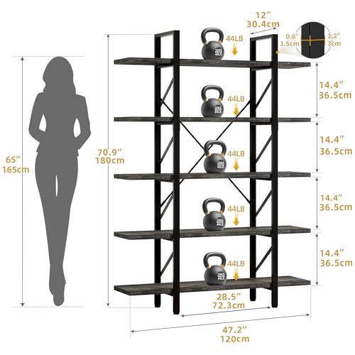 DWVO 5-Tier Bookshelf, 70.9" Tall Bookshelves Vintage BookCases with 5 Shelves Display Storage Shelves for Home Office, Living Room, Charcoal Gray by DWVO - Image 3
