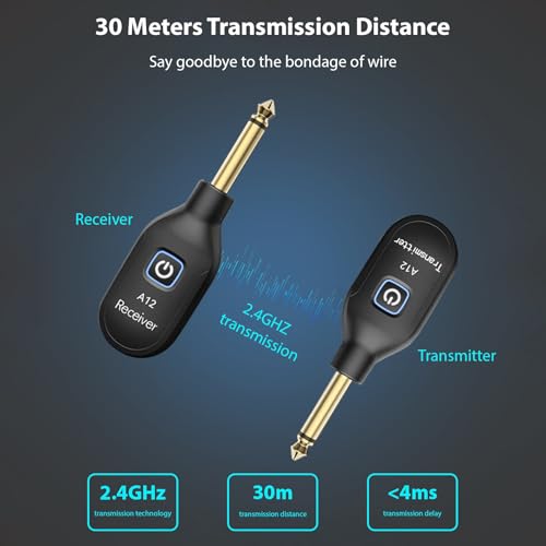Sistema inalámbrico para guitarra 2.4G Recargable Transmisor y receptor portátil con cambio de modo dual Plug and Play para guitarra eléctrica/acústica, bajo y violines miniatura 3