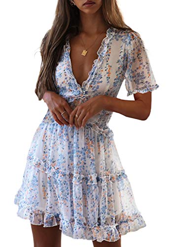 Dokotoo Womens Cute Spring Summer Casual V Neck Chiffon Floral Print Short Sleeve Elegant Boho Hawaiian Flowy Mini Short Graduation Skater Dresses for Women Party 2022 Medium