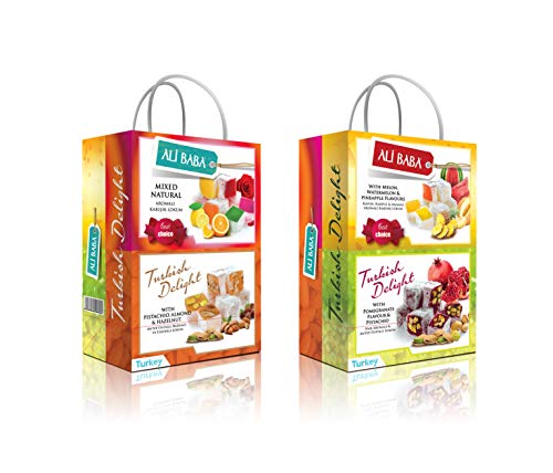 Turkish Delight Variety Holiday Gift Set Assorted Flavors With Melon Watermelon Pineapple Rose Pistachios Hazelnut Almond Mix Fruits - 1 Gift Bag With Four Individual Box Set - Total 400 Grams 1.2 Lb #TOP26