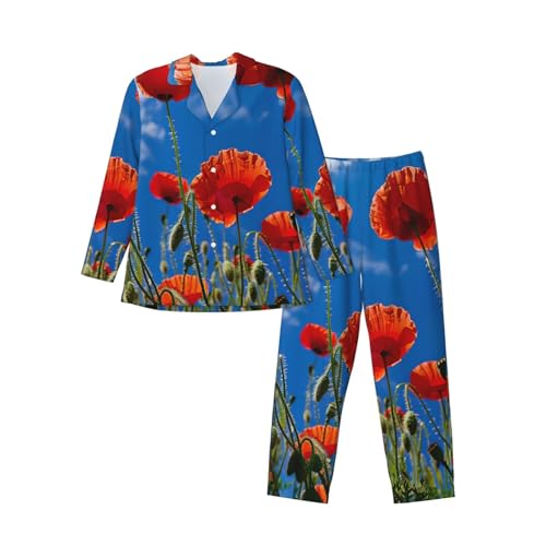 Pyjama coquelicots ciel bleu homme ensemble nuit manches longues coton confortable