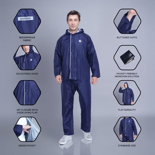 Image of VARSHA - Basic Reversible Rain Coat for Men, Men's Raincoat with Adjustable Hood, Heavy-Duty Zip & Button Closure,Buy Portable Waterproof Rainwear Suit for Bike.(NX)