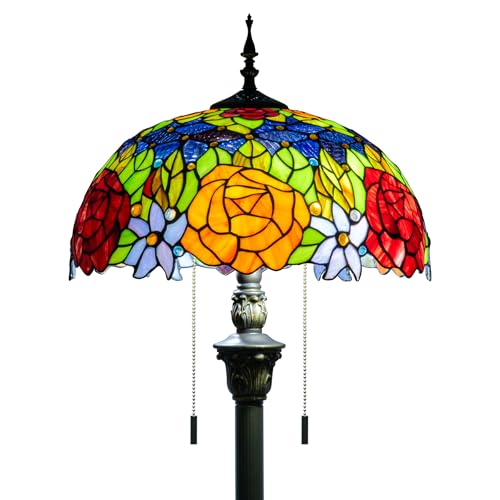 Image of Tiffany Style Floor Lamp, 16 inch Stained Glass Rose Floral Shade with Antique Bronze Base, 2-Light E26 Pull Chain Standing Reading Light for Living Room, Bedroom, UL Listed, 16x16x64 Inches