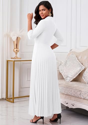 Image of FANDEE Maxi Dress for Women Formal 3 /4 Sleeve Pleated Empire Long Dress Semi Formal Tie Neck Office Work Dresses