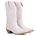 Cowboy Boots for Women Western Cowgirl Boots Full Cowhide Leather with Embroidery Square Pointed Snip Toe Chunky Heel Mid Calf Pull On Retro Country Vintage White 203613WT-7.5