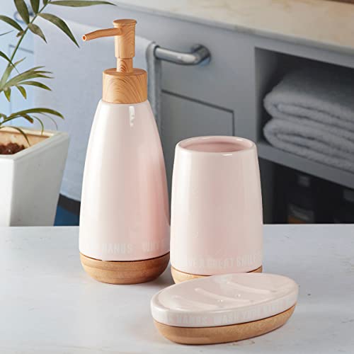 Image of SaSaSa Ceramic Bathroom Set of 3 Modern Bath Accessories Kit with Soap Dispenser, Toothbrush Holder & Dish - Stylish & Elegant Bathroom Decor, Pink (9882)