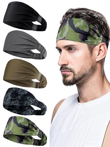 Image of AWUMBUK Sports Headbands for Men, Sweat Bands Headbands Men Absorbent Head Band Stretchy Sweatbands 5 Pack Hair Band Workout Football Running Cycling Fitness (Dark Blue)