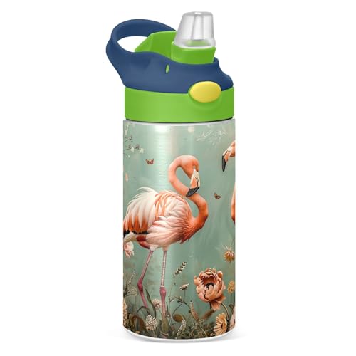 Sevdomey Botella de agua para niños con diseño de flamencos de pintura al óleo con pajilla, de acero inoxidable, aislada, a prueba de fugas, 350 ml, para escuela, guardería, viajes, deportes